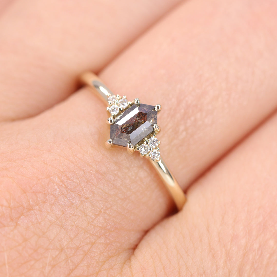 Henrietta - Hexagon Cut Salt &amp; Pepper Diamond Trefoil Cluster Engagement Ring - Ready-to-Ship Engagement Rings - Ready-to-Ship