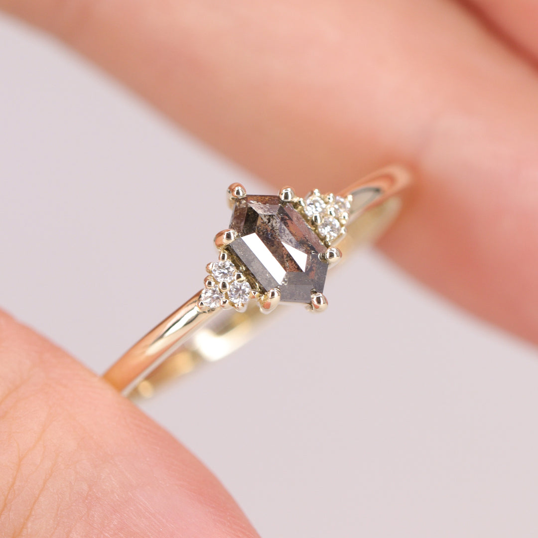 Henrietta - Hexagon Cut Salt &amp; Pepper Diamond Trefoil Cluster Engagement Ring - Ready-to-Ship Engagement Rings - Ready-to-Ship