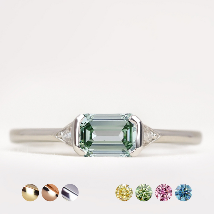 Hattie - Emerald or Radiant Cut Coloured Lab Grown Diamond East-West Art Deco Trilogy Engagement Ring