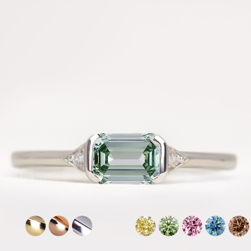 Hattie - Emerald or Radiant Cut Coloured Lab Grown Diamond East-West Art Deco Trilogy Engagement Ring Engagement Rings - Price On Application