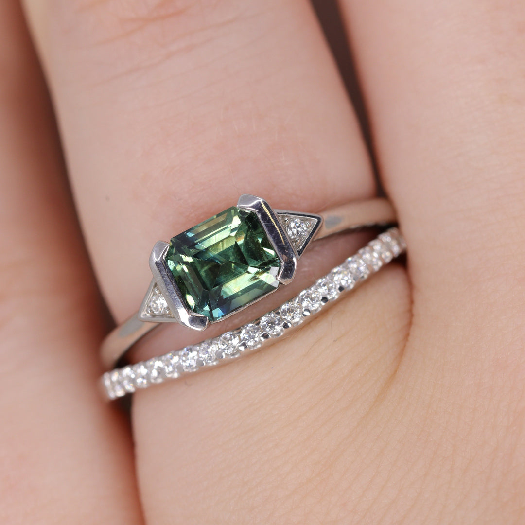 Hattie - Emerald Cut Teal Sapphire East-West Art Deco Trilogy Engagement Ring - Ready-To-Wear