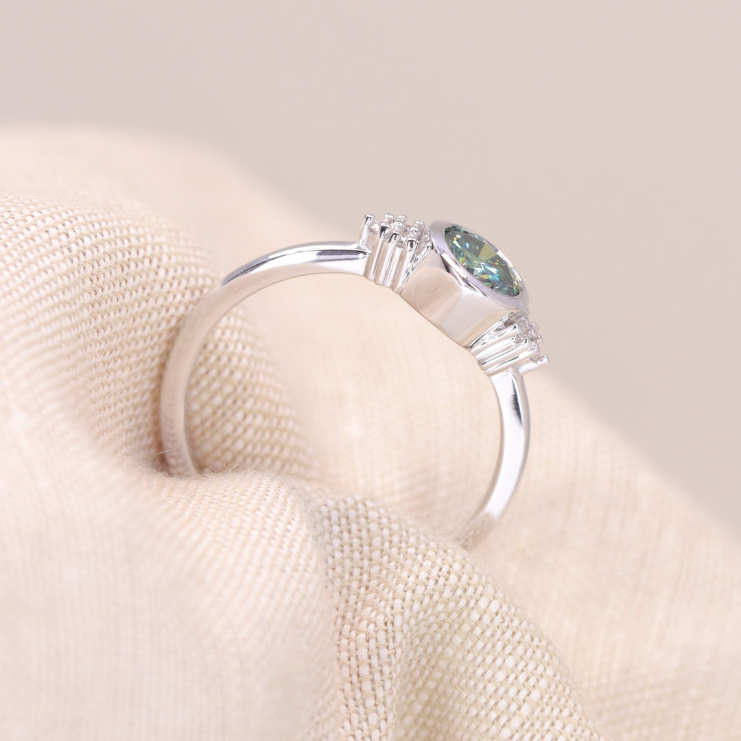 Henrietta - Round Teal Moissanite Bezel Set Cluster Made-to-Order Engagement Ring