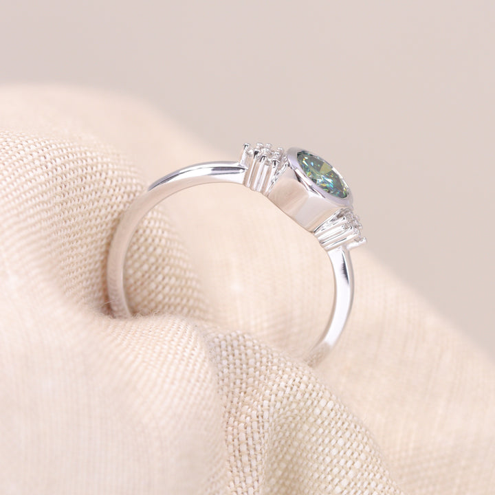 Henrietta - Round Teal Moissanite Bezel Set Cluster Made-to-Order Engagement Ring