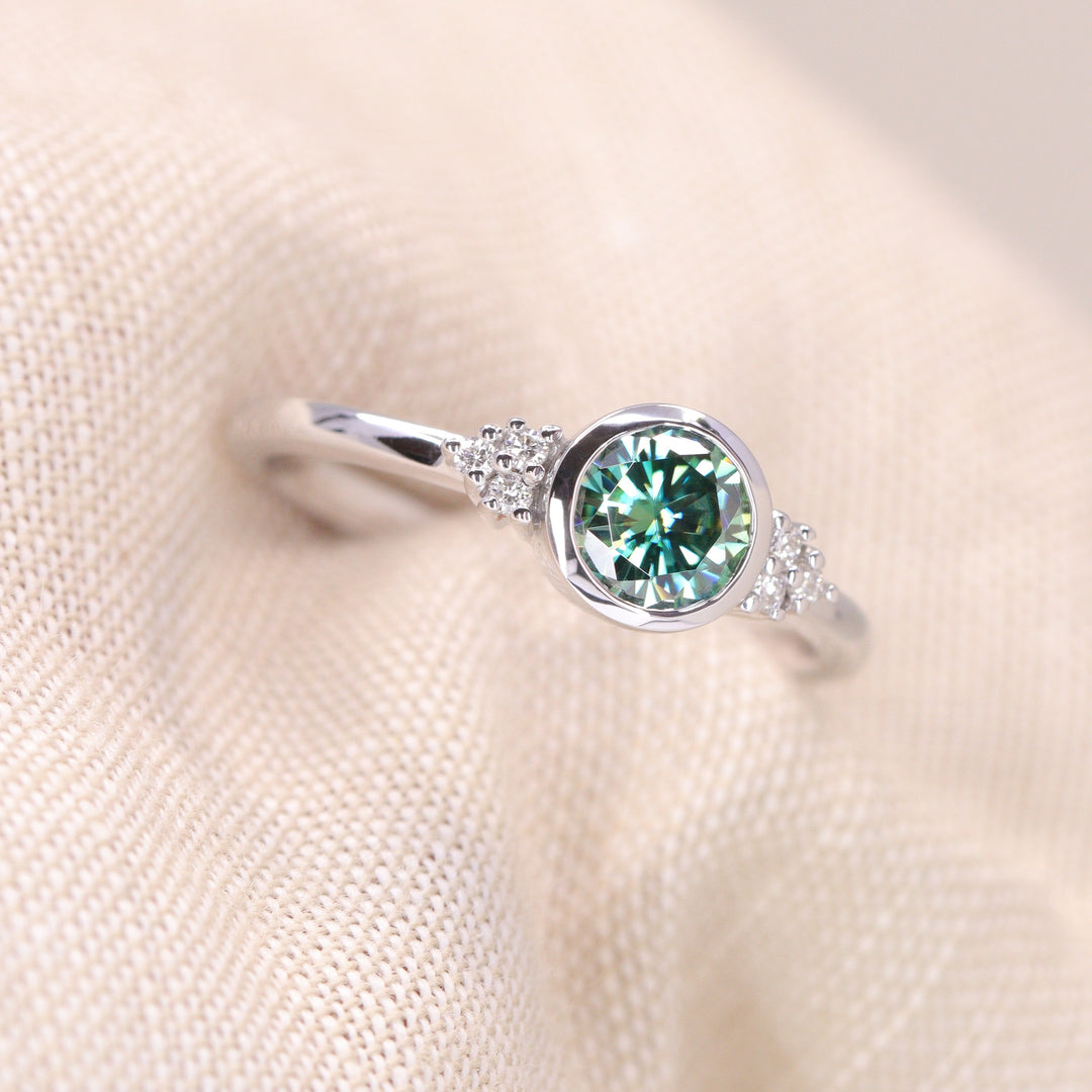 Henrietta - Round Teal Moissanite Bezel Set Cluster Made-to-Order Engagement Ring