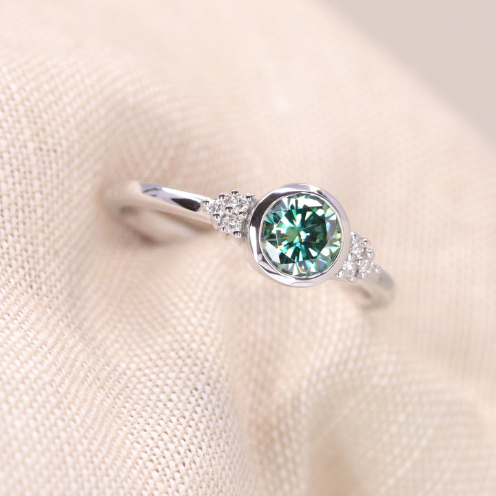 Henrietta - Round Teal Moissanite Bezel Set Cluster Made-to-Order Engagement Ring