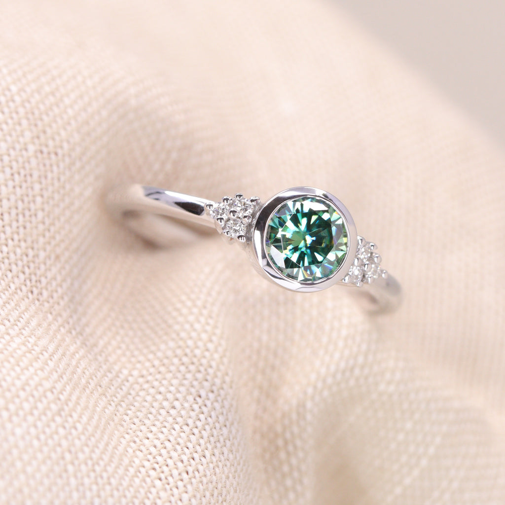 Henrietta - Round Teal Moissanite Bezel Set Cluster Made-to-Order Engagement Ring Engagement Rings - Made-to-Order