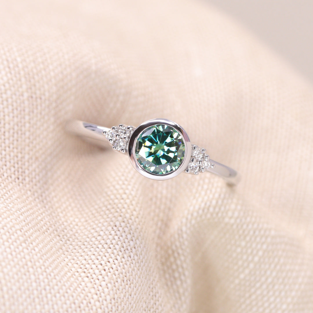 Henrietta - Round Teal Moissanite Bezel Set Cluster Made-to-Order Engagement Ring