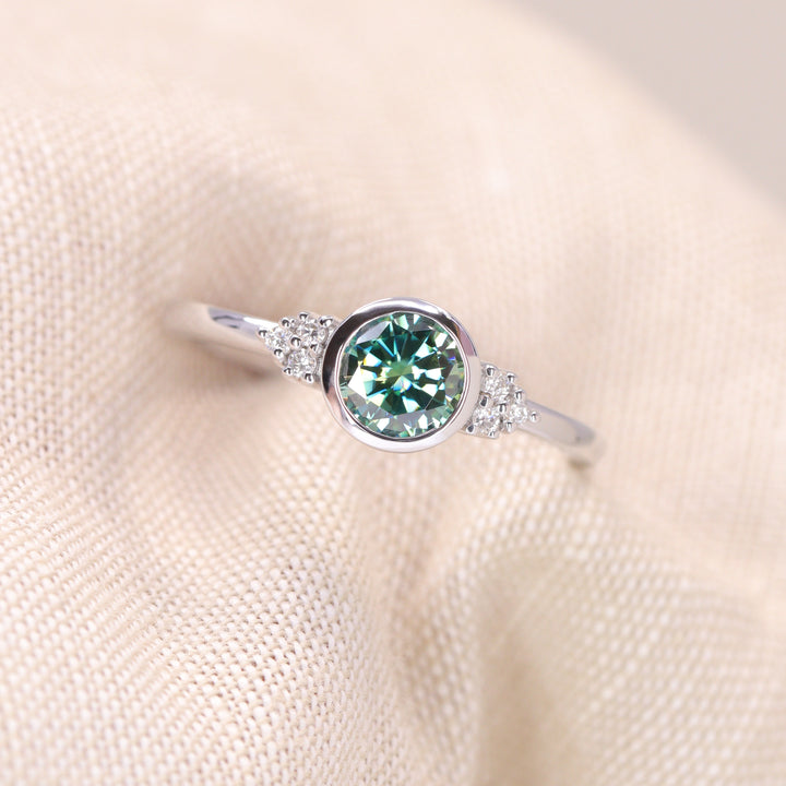 Henrietta - Round Teal Moissanite Bezel Set Cluster Made-to-Order Engagement Ring