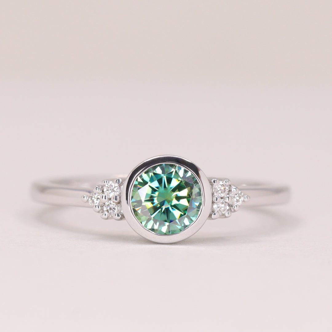 Henrietta - Round Teal Moissanite Bezel Set Cluster Made-to-Order Engagement Ring