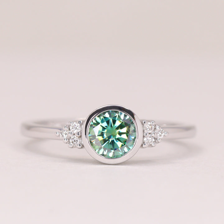 Henrietta - Round Teal Moissanite Bezel Set Cluster Made-to-Order Engagement Ring