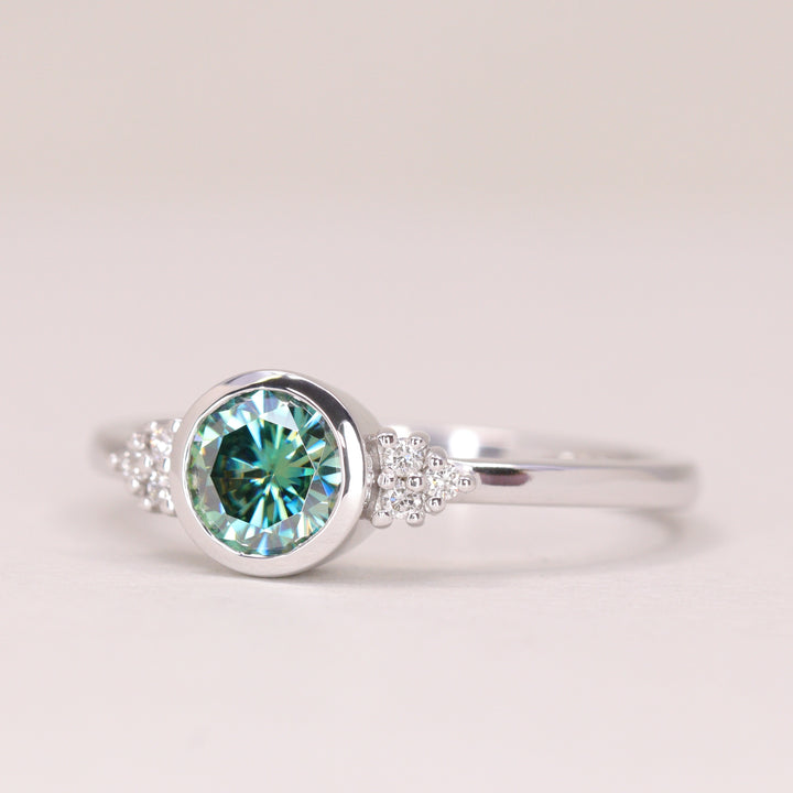 Henrietta - Round Teal Moissanite Bezel Set Cluster Made-to-Order Engagement Ring