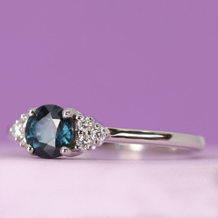Henrietta - Round Blue Sapphire Engagement Ring with Lab Grown Side Stones in Platinum - Ready-to-Wear
