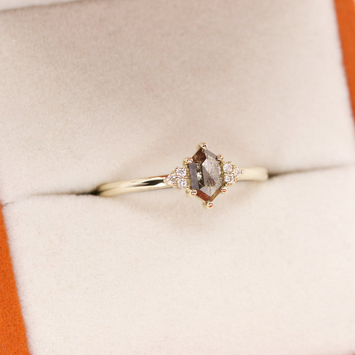 Henrietta - Hexagon Cut Salt &amp; Pepper Diamond Trefoil Cluster Engagement Ring - Ready-to-Ship Engagement Rings - Ready-to-Ship