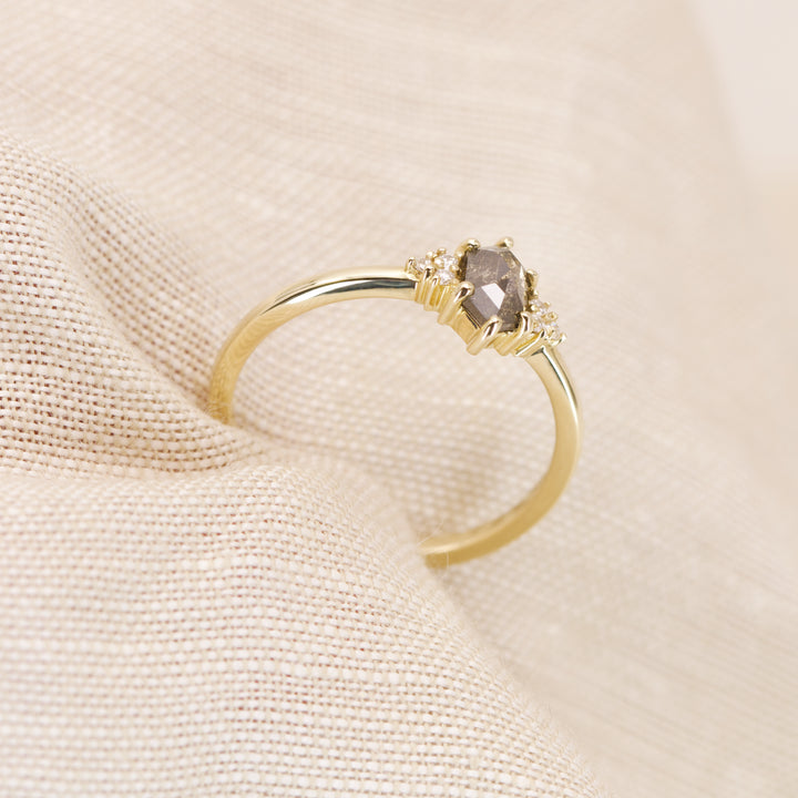 Henrietta - Hexagon Cut Salt &amp; Pepper Diamond Trefoil Cluster Engagement Ring - Ready-to-Ship Engagement Rings - Ready-to-Ship