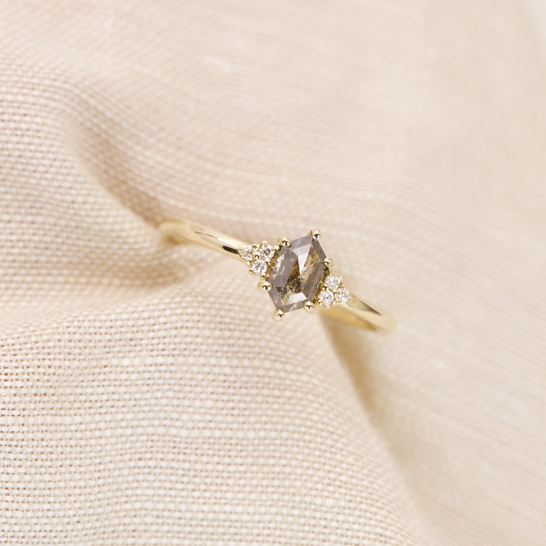 Henrietta - Hexagon Cut Salt &amp; Pepper Diamond Trefoil Cluster Engagement Ring - Ready-to-Ship Engagement Rings - Ready-to-Ship