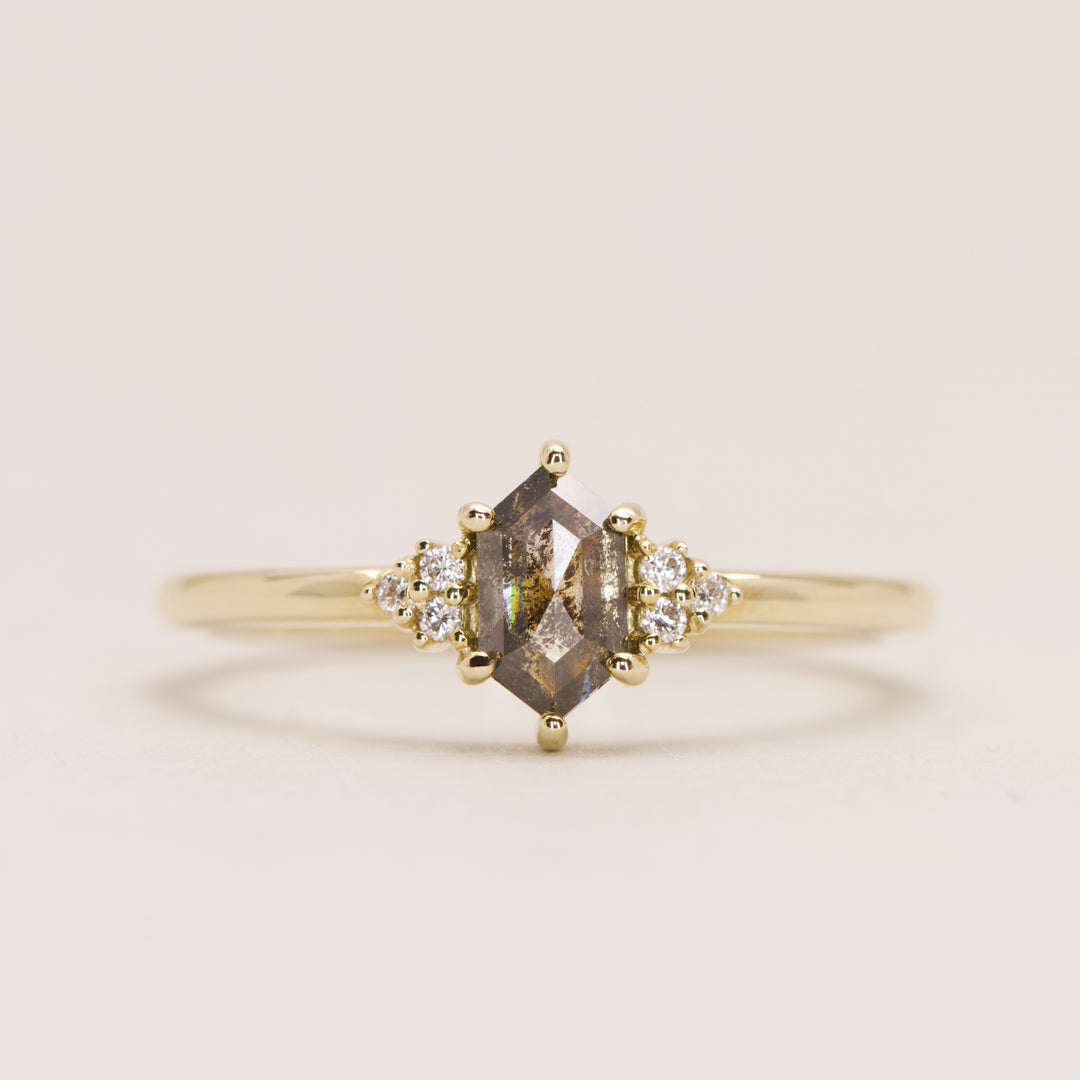 Henrietta - Hexagon Cut Salt &amp; Pepper Diamond Trefoil Cluster Engagement Ring - Ready-to-Ship Engagement Rings - Ready-to-Ship
