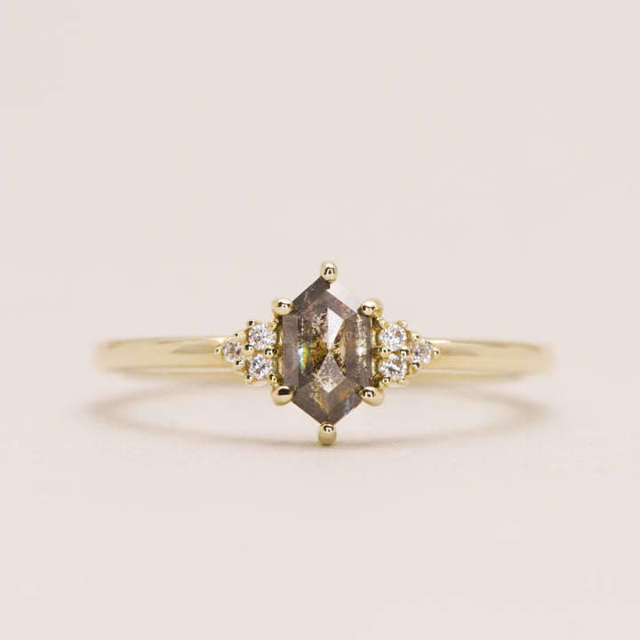 Henrietta - Hexagon Cut Salt &amp; Pepper Diamond Trefoil Cluster Engagement Ring - Ready-to-Ship Engagement Rings - Ready-to-Ship