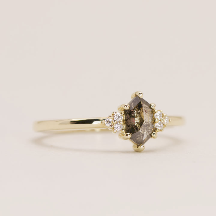 Henrietta - Hexagon Cut Salt &amp; Pepper Diamond Trefoil Cluster Engagement Ring - Ready-to-Ship Engagement Rings - Ready-to-Ship