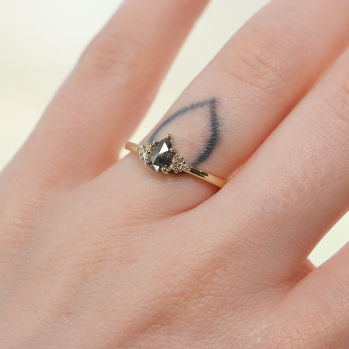 Henrietta - Pear Cut Salt & Pepper Diamond Trefoil Cluster Engagement Ring - Ready-to-Wear Engagement Rings - Ready-to-Ship