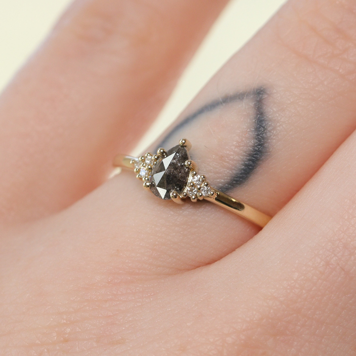 Henrietta - Pear Cut Salt & Pepper Diamond Trefoil Cluster Engagement Ring - Ready-to-Wear Engagement Rings - Ready-to-Ship