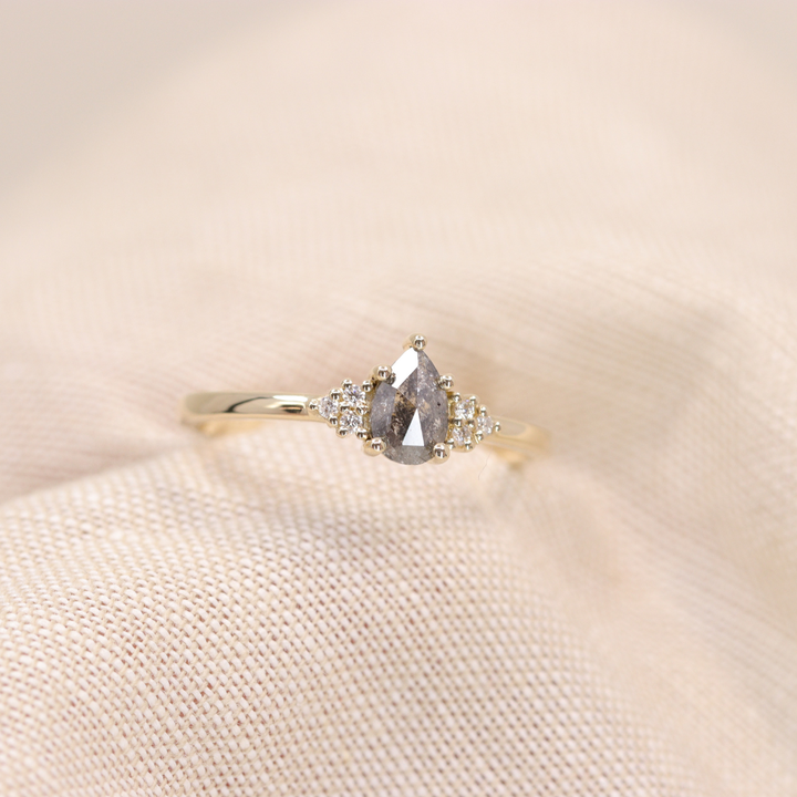 Henrietta - Pear Cut Salt & Pepper Diamond Trefoil Cluster Engagement Ring - Ready-to-Wear Engagement Rings - Ready-to-Ship