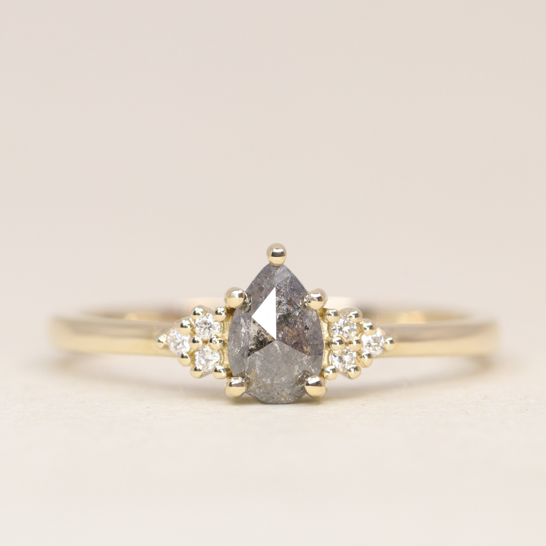 Henrietta - Pear Cut Salt & Pepper Diamond Trefoil Cluster Engagement Ring - Ready-to-Wear Engagement Rings - Ready-to-Ship