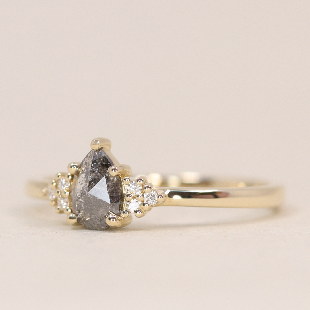 Henrietta - Pear Cut Salt & Pepper Diamond Trefoil Cluster Engagement Ring - Ready-to-Wear Engagement Rings - Ready-to-Ship
