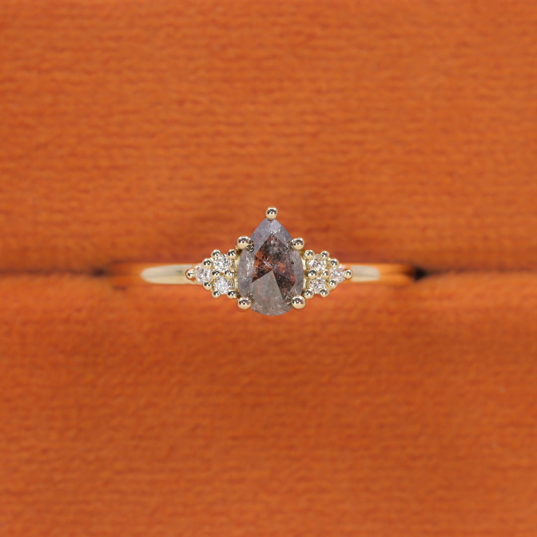 Henrietta - Pear Cut Salt & Pepper Diamond Trefoil Cluster Engagement Ring - Ready-to-Wear Engagement Rings - Ready-to-Ship