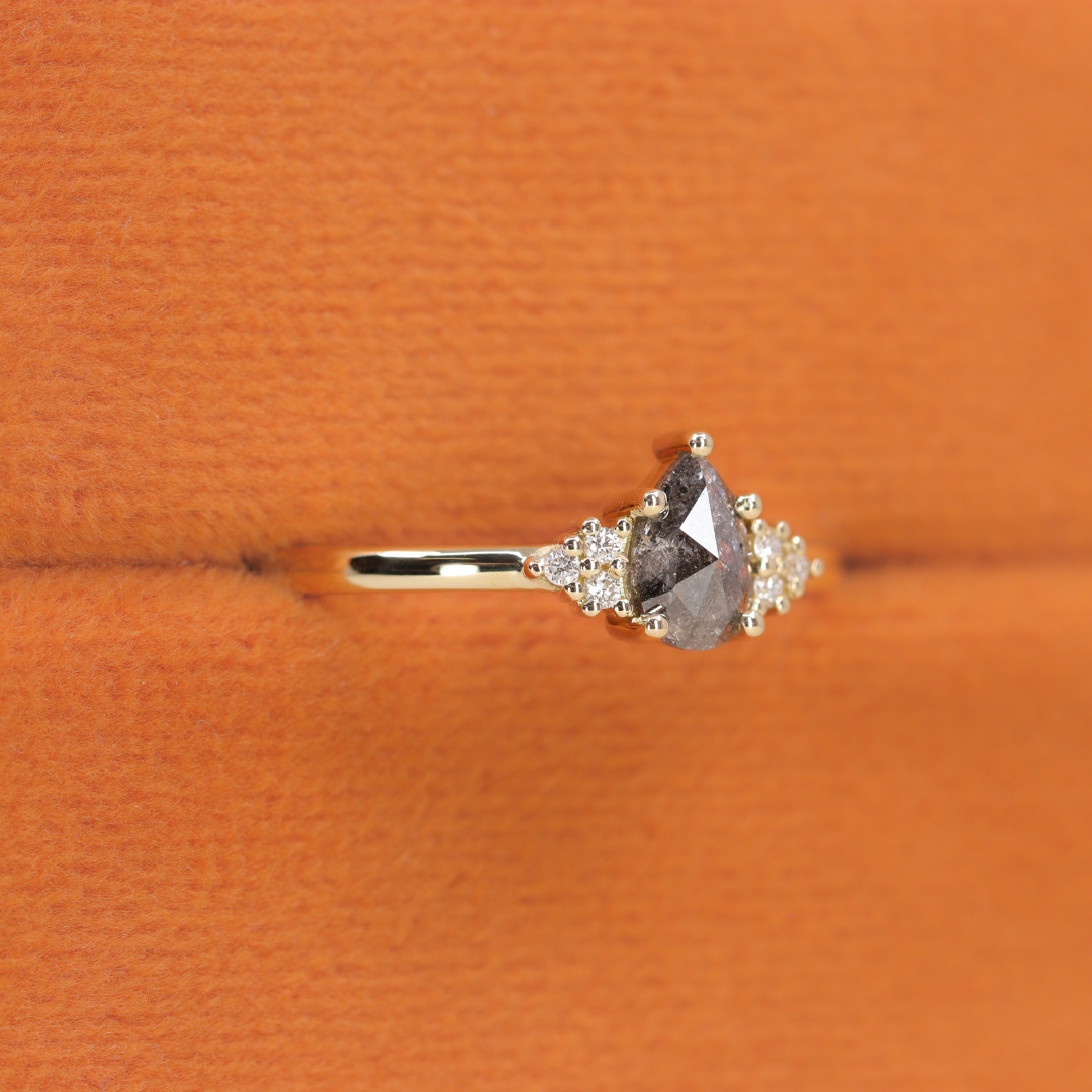 Henrietta - Pear Cut Salt & Pepper Diamond Trefoil Cluster Engagement Ring - Ready-to-Wear Engagement Rings - Ready-to-Ship