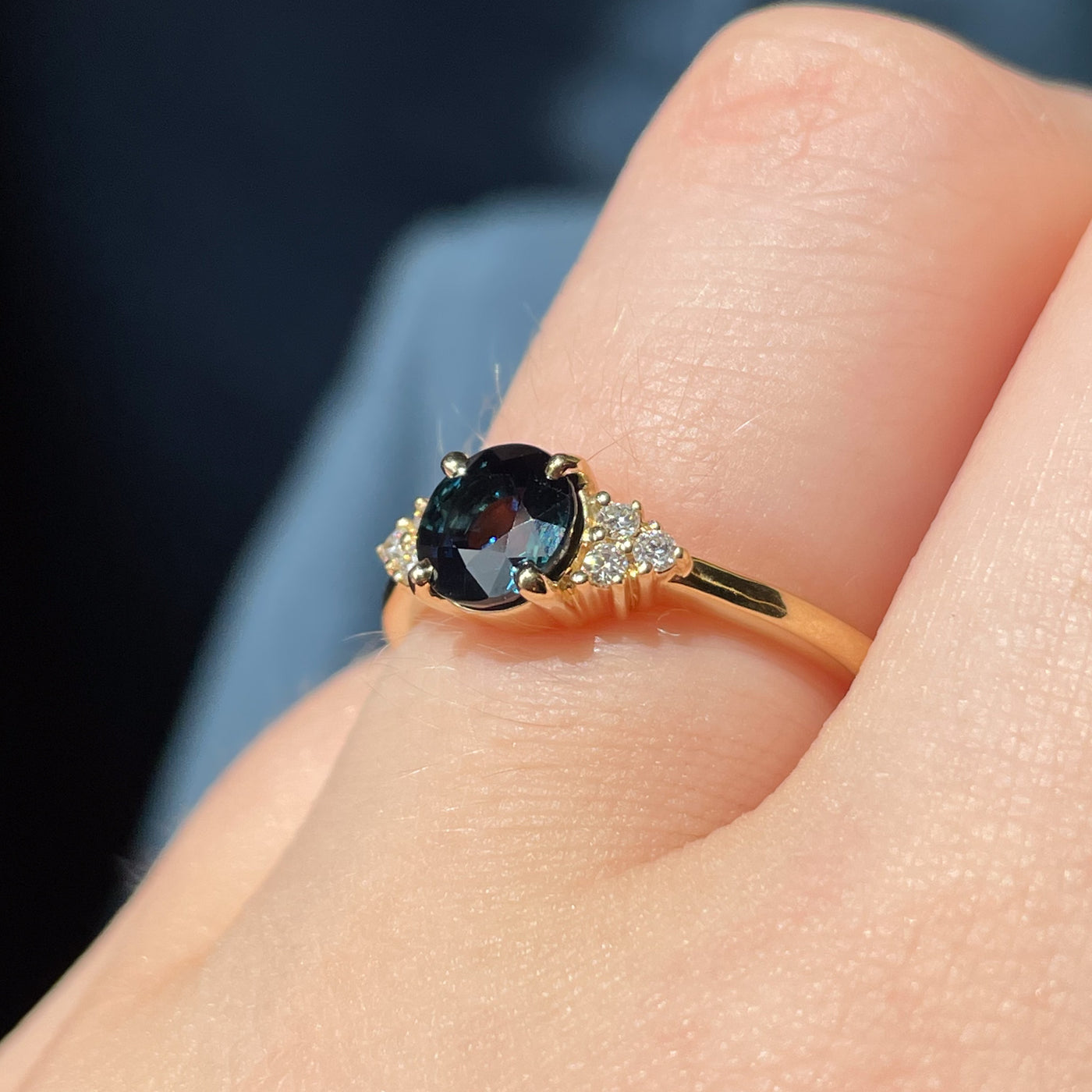 Henrietta - Round Teal Sapphire Engagement Ring with Lab Grown Side Stones in 18ct Yellow Gold - Ready-to-Wear