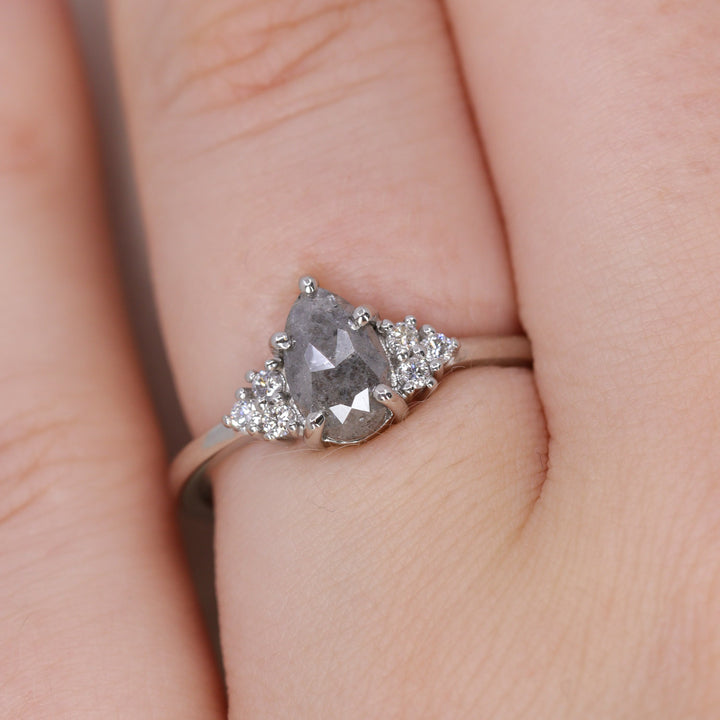 Henrietta - Pear Cut Teardrop Shape Salt and Pepper Diamond Cluster Engagement Ring - Ready-to-Wear