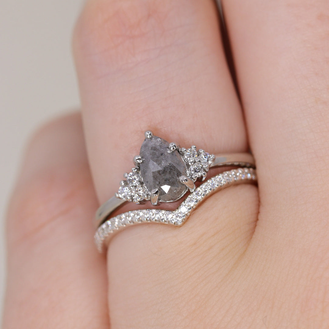 Henrietta - Pear Cut Teardrop Shape Salt and Pepper Diamond Cluster Engagement Ring - Ready-to-Wear