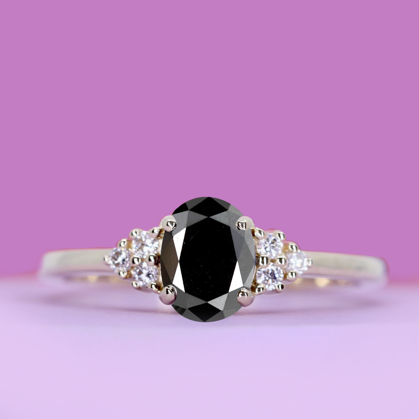Henrietta - Oval Cut Black Diamond Engagement Ring with Round Brilliant Cut Diamond Side Stones - Custom Made-to-Order Design