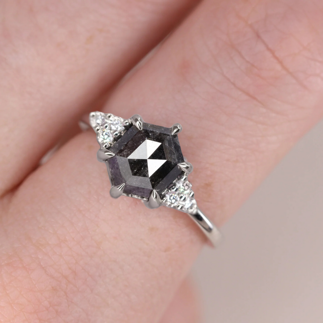 Henrietta - Hexagon Salt and Pepper Diamond Cluster Engagement Ring