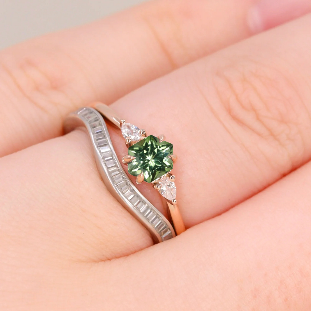 Elspeth - Hexagon Cut Green Tourmaline Trilogy Engagement Ring Engagement Rings - Made-to-Order