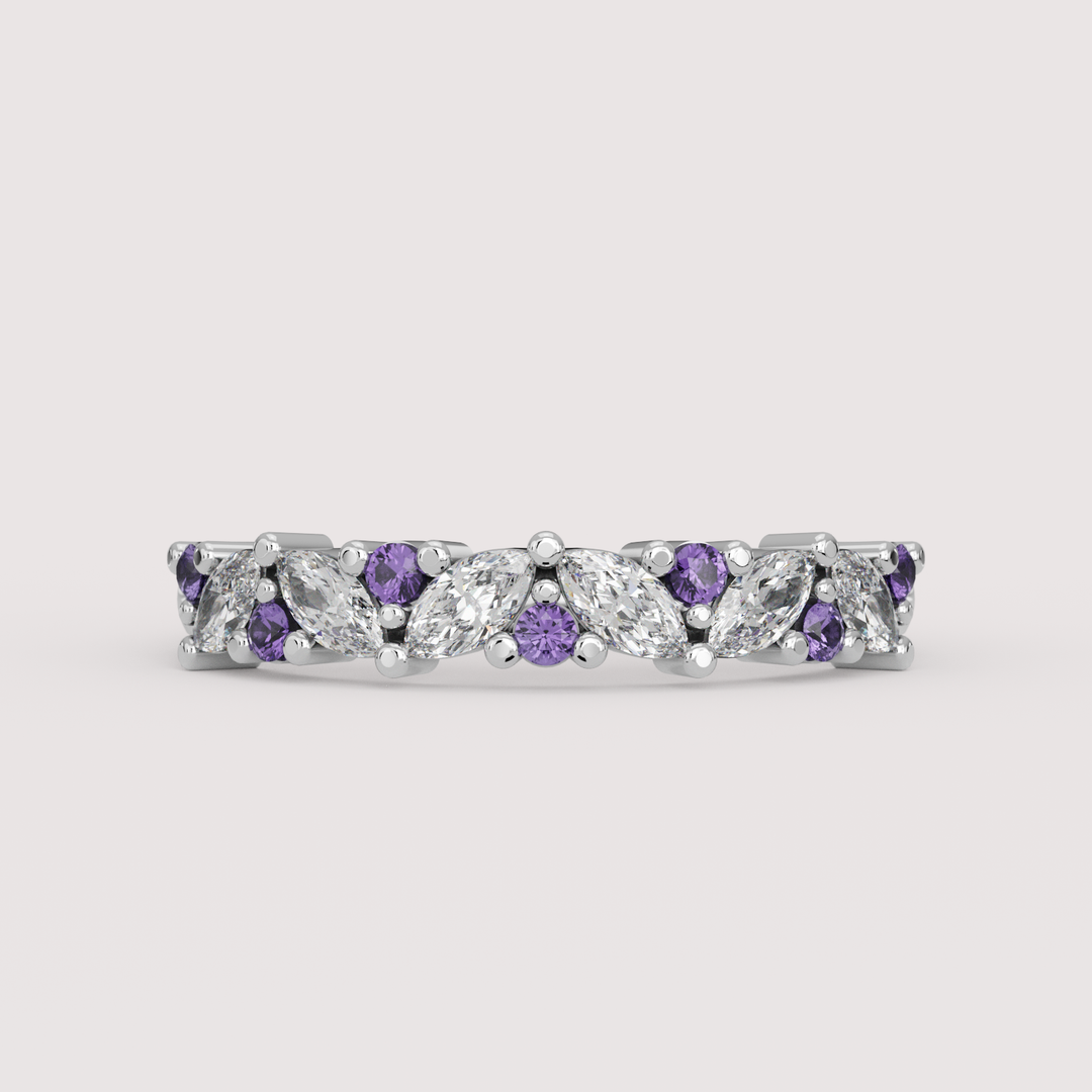 Hyacinth - 0.50ct Marquise Lab Grown Diamond and Coloured Gemstone Eternity Style Wedding Ring - Made-to-Order Wedding Rings - Made-to-Order