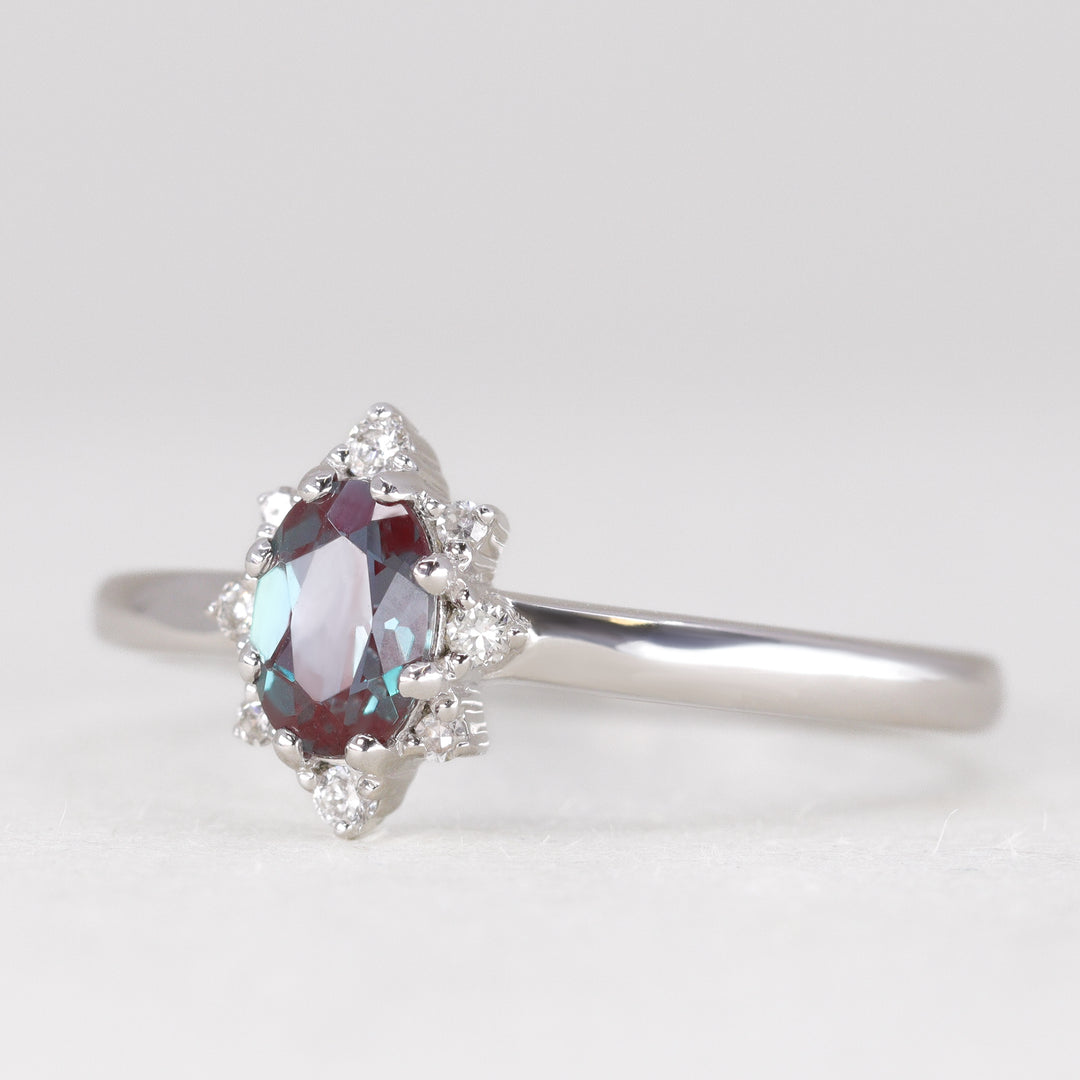 Mabel - Oval Lab Grown Alexandrite Halo Engagement Ring - Ready-to-Wear