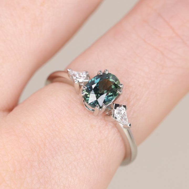 Dahlia - Oval Cut Teal Sapphire Trilogy Engagement Ring - Ready-to-Wear