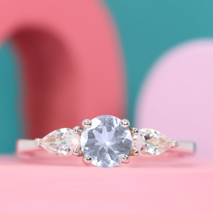 Daphne - Customisable Design - Your Choice of Round Brilliant Cut Centre Stone and Pear Shaped Lab Grown Diamond Trilogy Ring (Sizes K-Q) - Ready in 2 Weeks