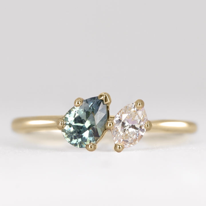 Juno - Teardrop/Pear Cut Teal Sapphire and Oval Diamond Toi et Moi Engagement Ring