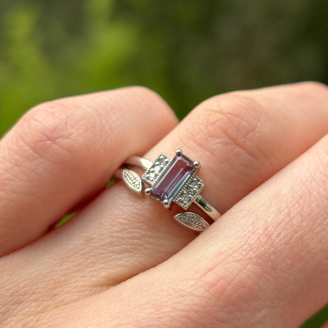 Marina - Dainty Deco Collection - Elongated Emerald Cut Lab Grown Alexandrite Art Deco Inspired Engagement Ring With Lab Grown Diamonds in Platinum - Ready-to-Wear