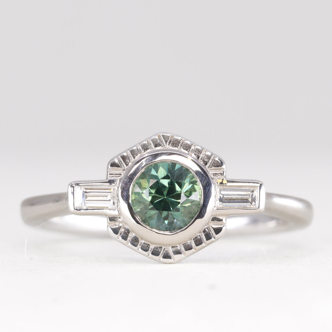 Olivia - Round Teal Sapphire Art Deco Sunbeam Halo Engagement Ring - Ready-to-Wear