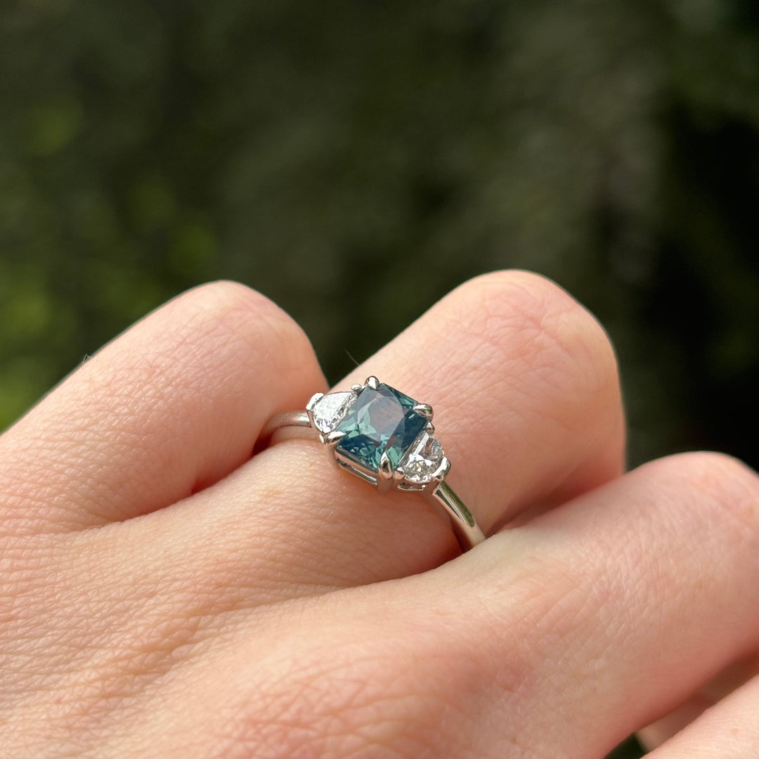 Luna - Radiant Cut Opalescent Teal Sapphire Ring with Half Moon Lab Grown Diamond Side Stones in Platinum - Ready-to-Wear