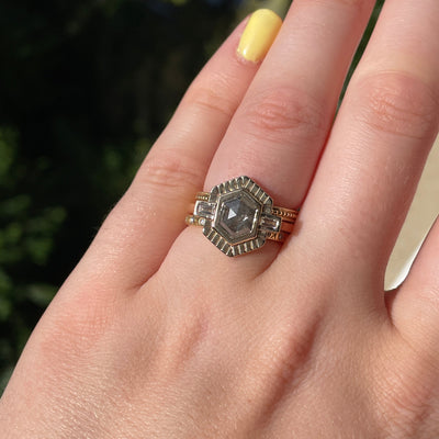 Olivia - Hexagon Salt and Pepper Diamond and Baguette Lab Grown Diamond Art Deco Vintage Inspired Sunbeam Halo Ring in 14ct Yellow Gold - Ready-to-Wear
