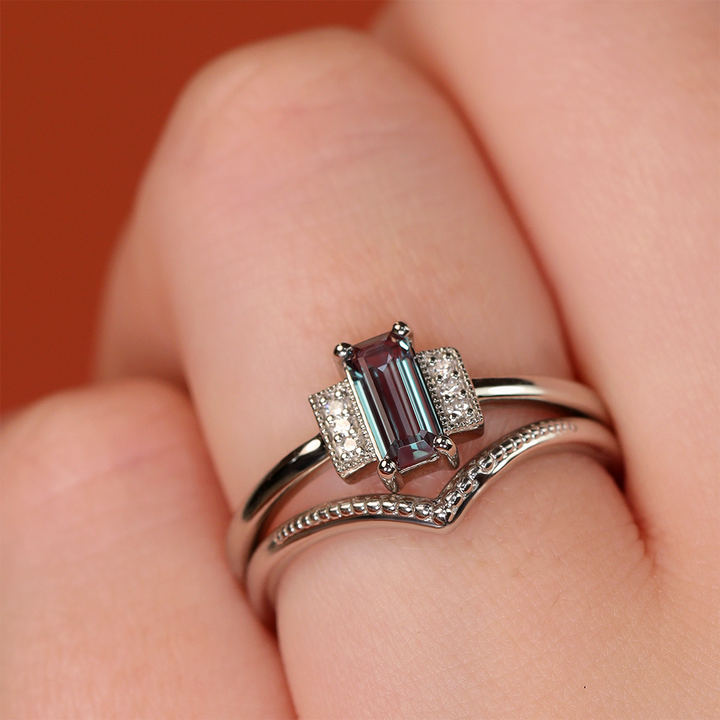 Marina - Dainty Deco Collection - Elongated Emerald Cut Lab Grown Alexandrite Art Deco Inspired Engagement Ring With Lab Grown Diamonds in Platinum - Ready-to-Wear