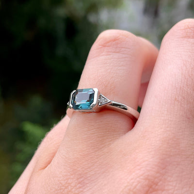 Hattie - Emerald Cut Blue Teal Sapphire and Lab Grown Diamond Art Deco Vintage Inspired Engagement Ring in Platinum - Ready-to-Wear