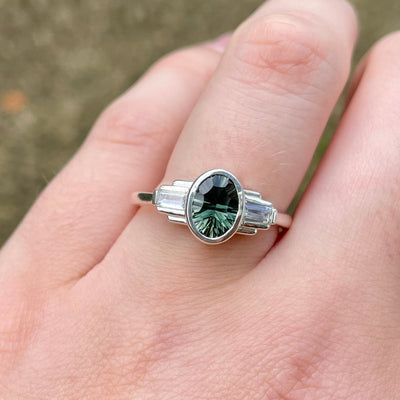 Esther - Oval Optix Cut Green Tourmalines Rubover Bezel Set Art Deco Antique-Inspired Engagement Ring with Lab Grown Baguette Diamonds - Made-to-Order