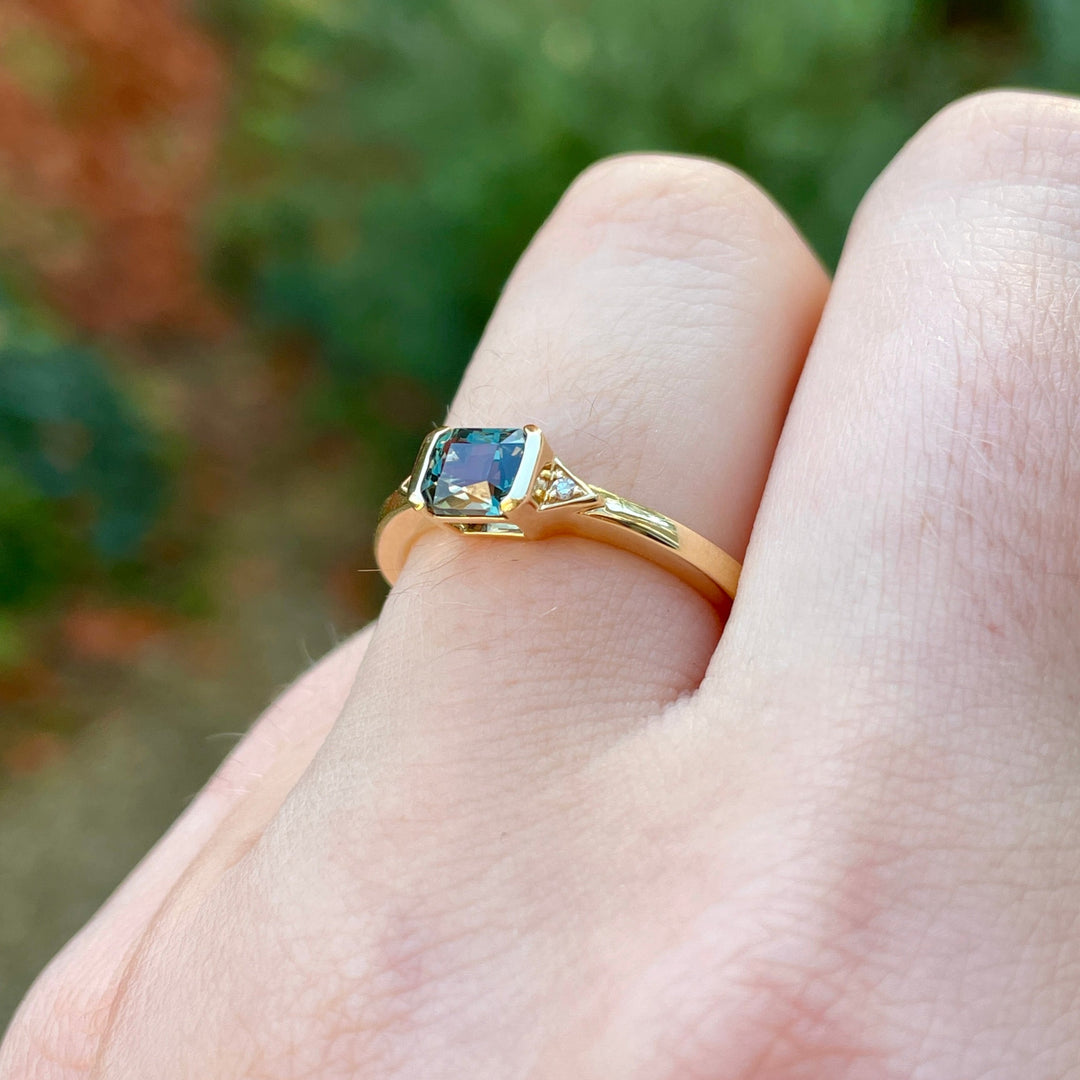 Hattie - Radiant Cut Colour Change Teal Blue Sapphire and Lab Grown Diamond Art Deco Vintage Inspired Engagement Ring - Custom Made-To-Order Design