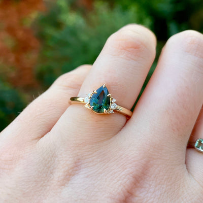 Persie - Pear/Teardrop Shaped Teal Sapphire Ring with Lab Grown Diamond Side Stones - Made-To-Order