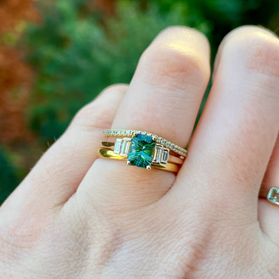 Erin - Optix Octagon Cut Teal/Green Tourmaline and Baguette Cut Diamond Art Deco Vintage Inspired Engagement Ring - Ready-to-Wear